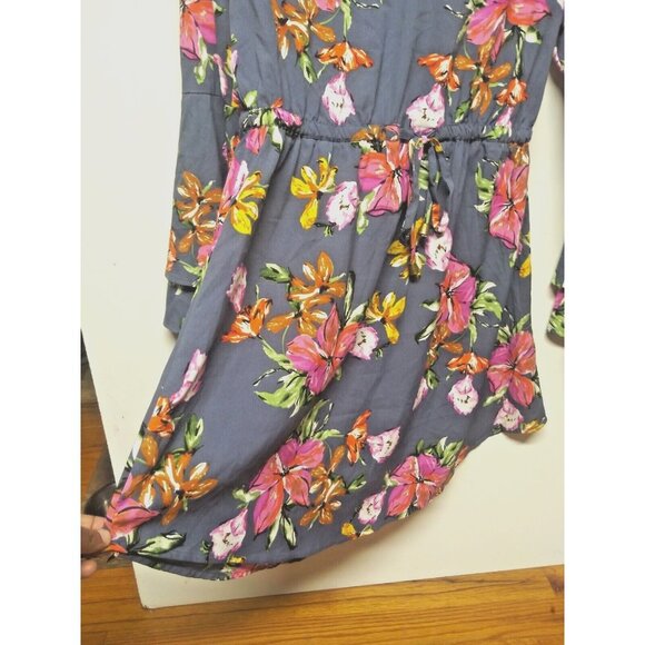 Hint of Blush Boho Floral Dress short Blue Pink long sleeves bell elastic waist - Picture 5 of 10